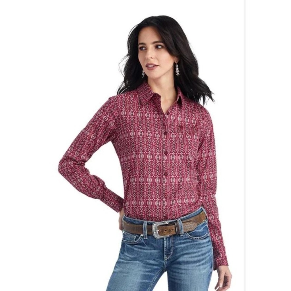 Ariat Real Western Shirt Women's 1X Red Kirby Stretch Long Sleeve Button Up $58
